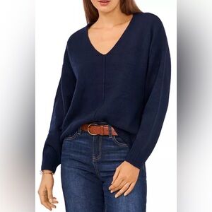 EUC Vince Camuto Cozy Deep Navy Blue V-Neck Sweater Pullover, Casual Chic